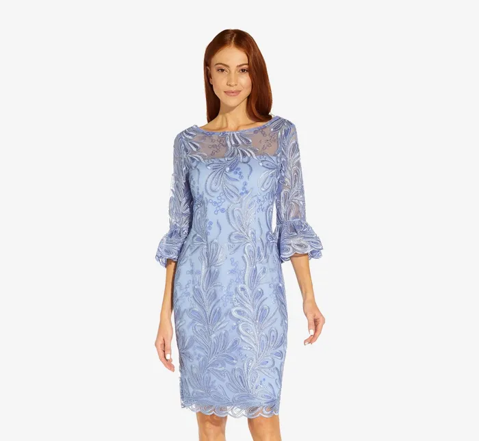 Adrianna Papell Embroidered Illusion Short Sheath Dress With Bell Sleeves In Light Peri Light Peri Women Day Dresses Adrianna Papell Embroidered Illusion Short Sheath Dress With Bell Sleeves In Light Peri Light Peri Women Day Dresses