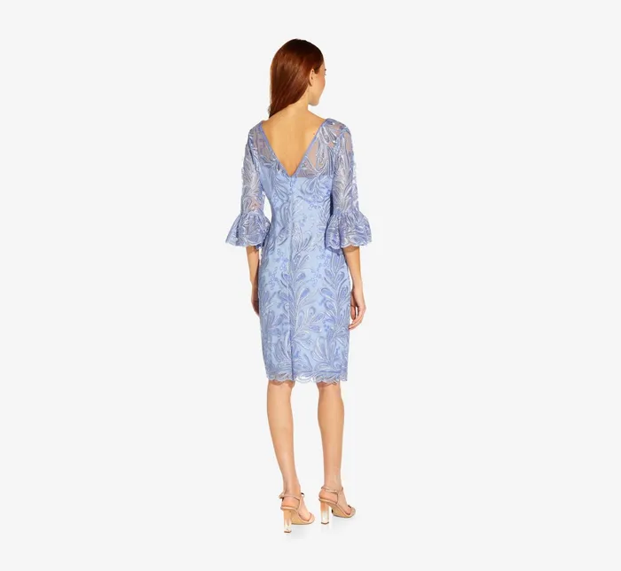 Adrianna Papell Embroidered Illusion Short Sheath Dress With Bell Sleeves In Light Peri Light Peri Women Day Dresses Adrianna Papell Embroidered Illusion Short Sheath Dress With Bell Sleeves In Light Peri Light Peri Women Day Dresses