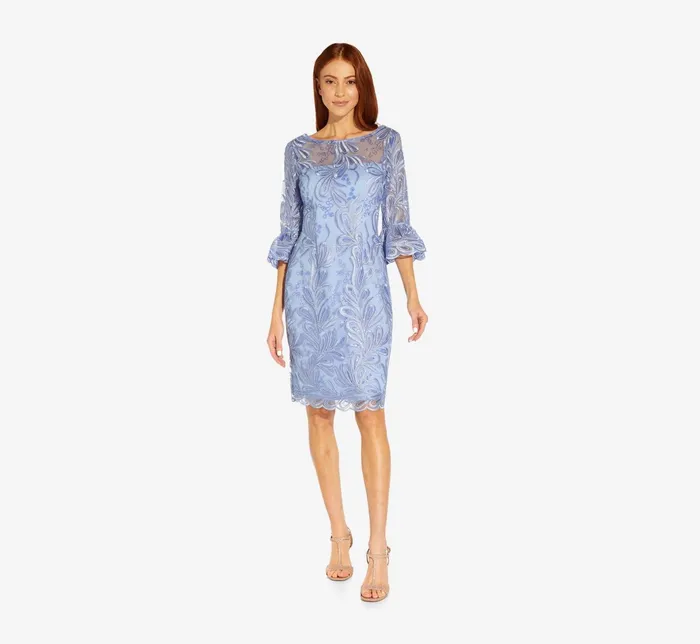 Adrianna Papell Embroidered Illusion Short Sheath Dress With Bell Sleeves In Light Peri Light Peri Women Day Dresses Adrianna Papell Embroidered Illusion Short Sheath Dress With Bell Sleeves In Light Peri Light Peri Women Day Dresses
