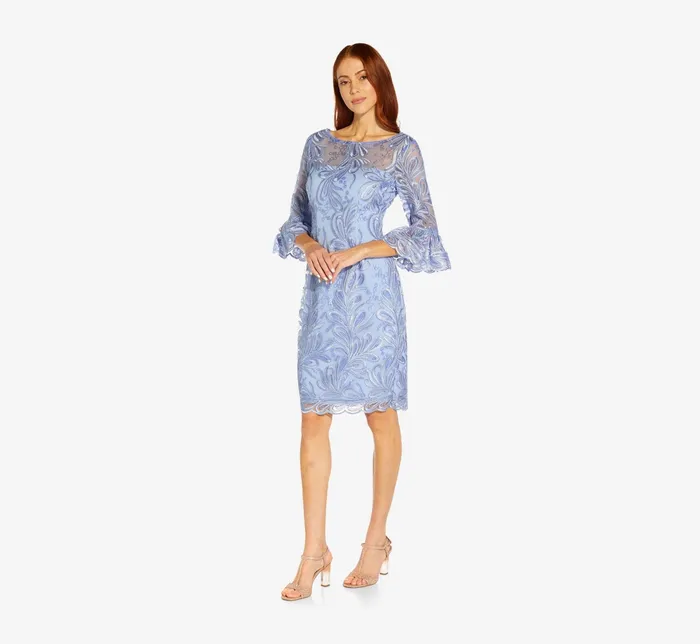 Adrianna Papell Embroidered Illusion Short Sheath Dress With Bell Sleeves In Light Peri Light Peri Women Day Dresses Adrianna Papell Embroidered Illusion Short Sheath Dress With Bell Sleeves In Light Peri Light Peri Women Day Dresses