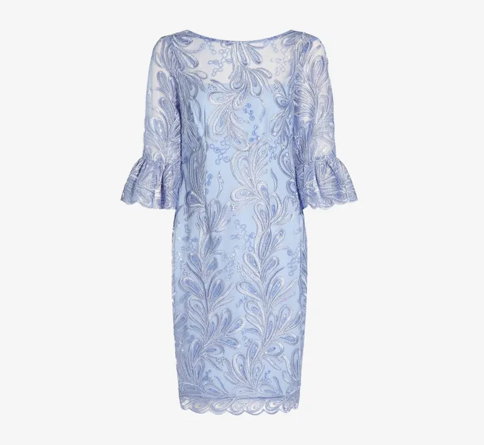 Adrianna Papell Embroidered Illusion Short Sheath Dress With Bell Sleeves In Light Peri Light Peri Women Day Dresses Adrianna Papell Embroidered Illusion Short Sheath Dress With Bell Sleeves In Light Peri Light Peri Women Day Dresses