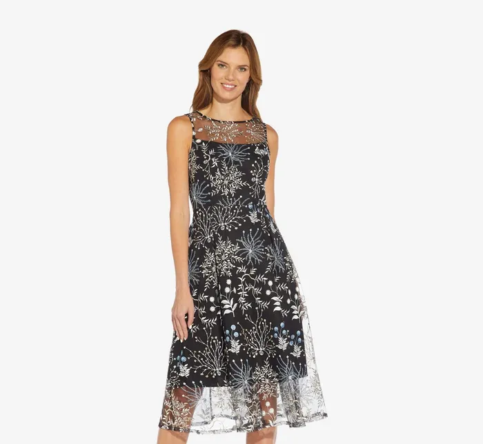 Adrianna Papell Embroidered Midi Length Sleeveless Knit Fit And Flare Dress In Blue Multi Blue Multi Women Day Dresses Adrianna Papell Embroidered Midi Length Sleeveless Knit Fit And Flare Dress In Blue Multi Blue Multi Women Day Dresses