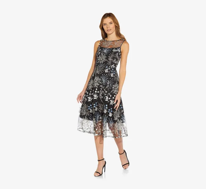 Adrianna Papell Embroidered Midi Length Sleeveless Knit Fit And Flare Dress In Blue Multi Blue Multi Women Day Dresses Adrianna Papell Embroidered Midi Length Sleeveless Knit Fit And Flare Dress In Blue Multi Blue Multi Women Day Dresses
