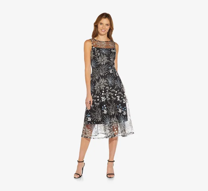 Adrianna Papell Embroidered Midi Length Sleeveless Knit Fit And Flare Dress In Blue Multi Blue Multi Women Day Dresses Adrianna Papell Embroidered Midi Length Sleeveless Knit Fit And Flare Dress In Blue Multi Blue Multi Women Day Dresses