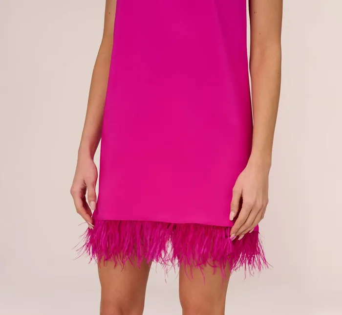 Adrianna Papell Feather Trimmed Crepe Short Cocktail Trapeze Halter Dress In Pink Flame Pink Flame Women Cocktail Dresses Adrianna Papell Feather Trimmed Crepe Short Cocktail Trapeze Halter Dress In Pink Flame Pink Flame Women Cocktail Dresses