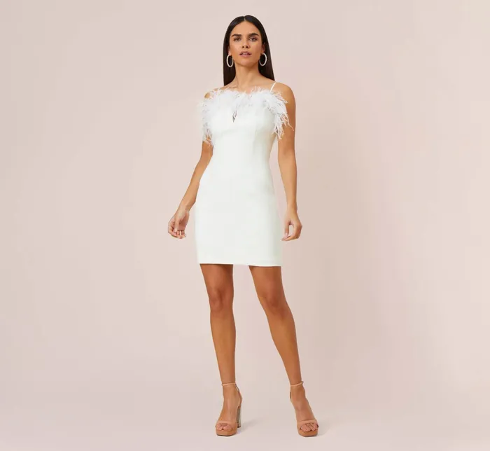 Adrianna Papell Feather Trimmed Crepe Short Sheath Cocktail Dress In Ivory Ivory Women Short Wedding Dresses Adrianna Papell Feather Trimmed Crepe Short Sheath Cocktail Dress In Ivory Ivory Women Short Wedding Dresses