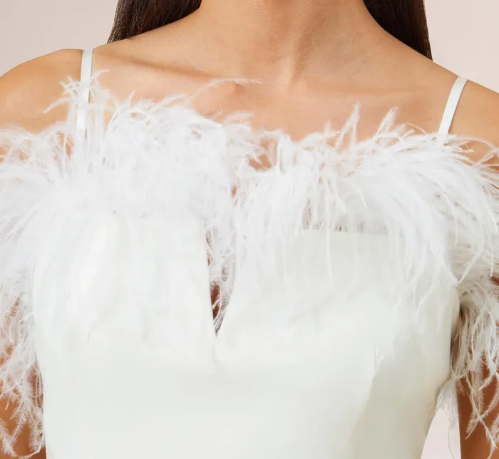 Adrianna Papell Feather Trimmed Crepe Short Sheath Cocktail Dress In Ivory Ivory Women Short Wedding Dresses Adrianna Papell Feather Trimmed Crepe Short Sheath Cocktail Dress In Ivory Ivory Women Short Wedding Dresses