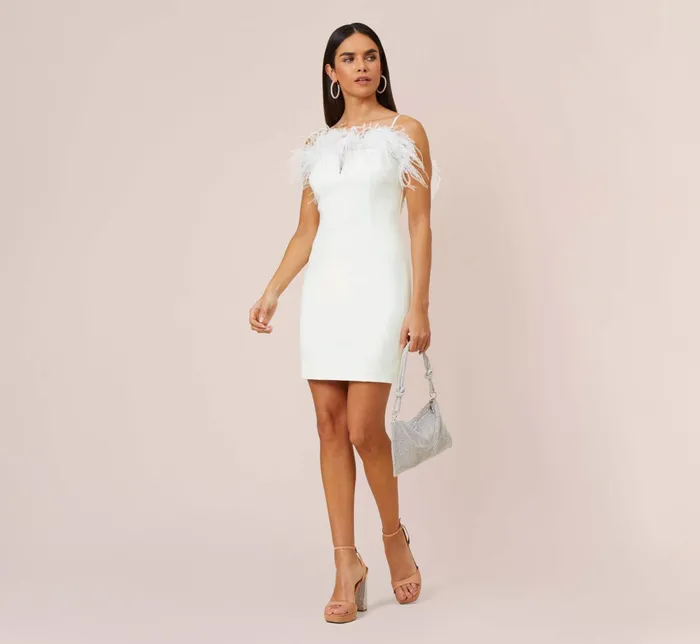 Adrianna Papell Feather Trimmed Crepe Short Sheath Cocktail Dress In Ivory Ivory Women Short Wedding Dresses Adrianna Papell Feather Trimmed Crepe Short Sheath Cocktail Dress In Ivory Ivory Women Short Wedding Dresses