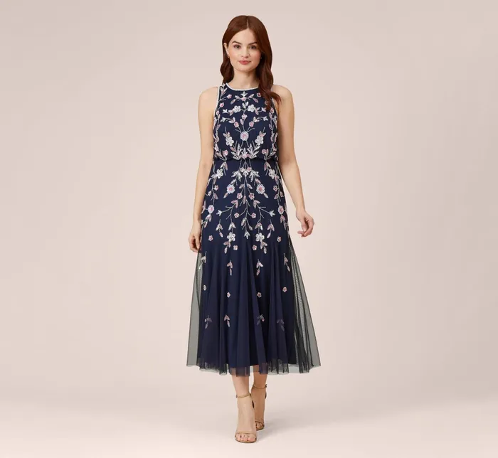 Adrianna Papell Floral Beaded Blouson Tea Length Dress In Navy Blush NavyBlush Women Long Dresses Adrianna Papell Floral Beaded Blouson Tea Length Dress In Navy Blush NavyBlush Women Long Dresses