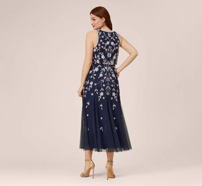 Adrianna Papell Floral Beaded Blouson Tea Length Dress In Navy Blush NavyBlush Women Long Dresses Adrianna Papell Floral Beaded Blouson Tea Length Dress In Navy Blush NavyBlush Women Long Dresses