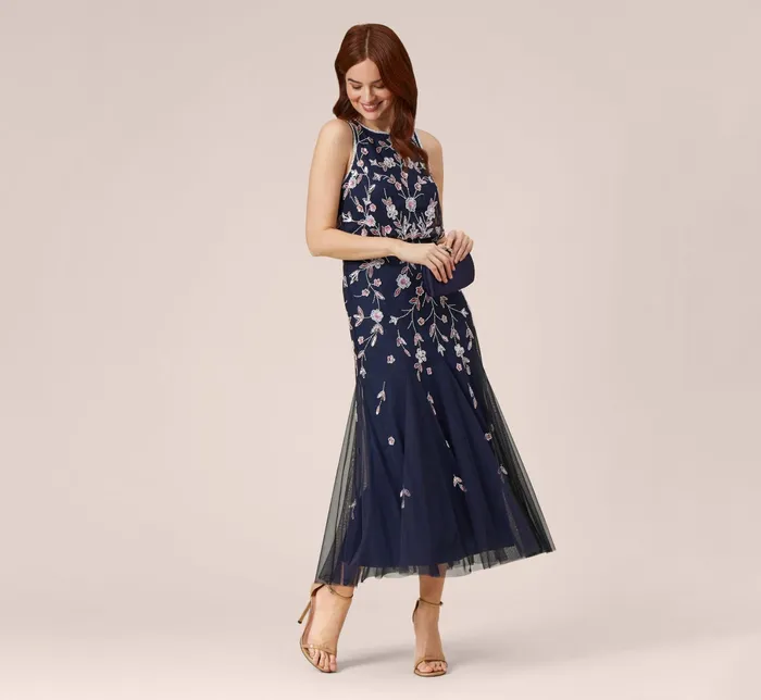 Adrianna Papell Floral Beaded Blouson Tea Length Dress In Navy Blush NavyBlush Women Long Dresses Adrianna Papell Floral Beaded Blouson Tea Length Dress In Navy Blush NavyBlush Women Long Dresses
