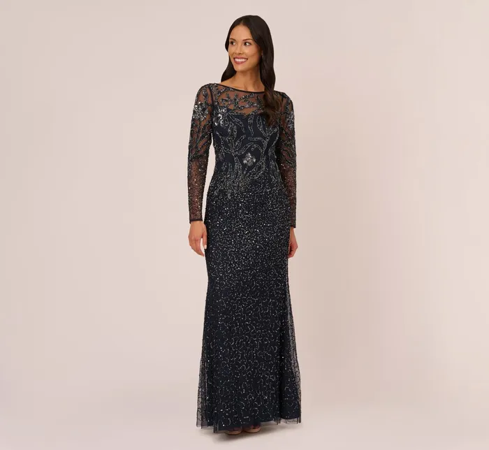 Adrianna Papell Floral Beaded Dress With Sheer Long Sleeves In Midnight Midnight Women Long Dresses Adrianna Papell Floral Beaded Dress With Sheer Long Sleeves In Midnight Midnight Women Long Dresses