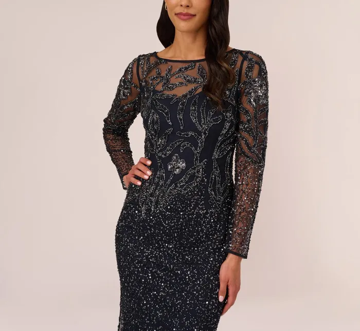 Adrianna Papell Floral Beaded Dress With Sheer Long Sleeves In Midnight Midnight Women Long Dresses Adrianna Papell Floral Beaded Dress With Sheer Long Sleeves In Midnight Midnight Women Long Dresses