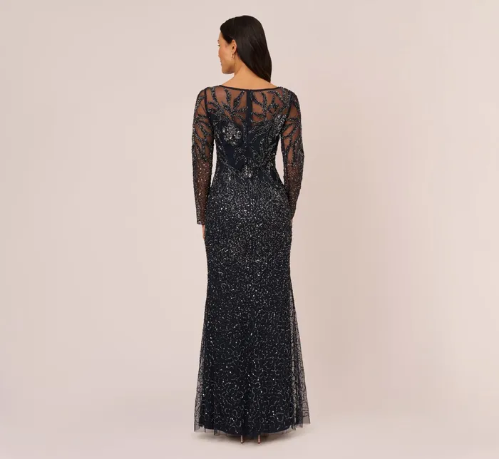 Adrianna Papell Floral Beaded Dress With Sheer Long Sleeves In Midnight Midnight Women Long Dresses Adrianna Papell Floral Beaded Dress With Sheer Long Sleeves In Midnight Midnight Women Long Dresses