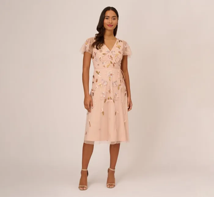 Adrianna Papell Floral Beaded Faux Wrap Dress With Sheer Flutter Sleeves In Blush Multi Blush Multi Women Floral Dresses Adrianna Papell Floral Beaded Faux Wrap Dress With Sheer Flutter Sleeves In Blush Multi Blush Multi Women Floral Dresses