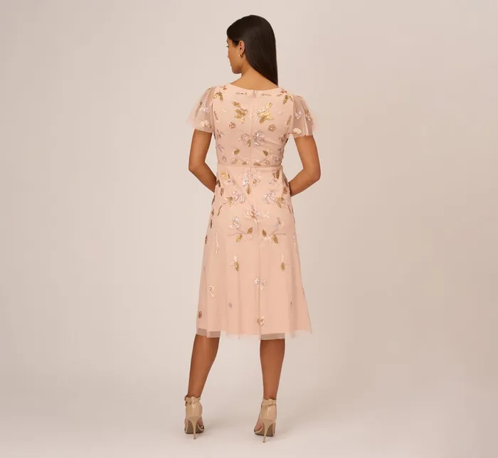 Adrianna Papell Floral Beaded Faux Wrap Dress With Sheer Flutter Sleeves In Blush Multi Blush Multi Women Floral Dresses Adrianna Papell Floral Beaded Faux Wrap Dress With Sheer Flutter Sleeves In Blush Multi Blush Multi Women Floral Dresses