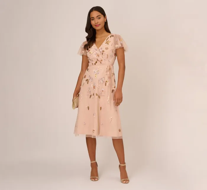 Adrianna Papell Floral Beaded Faux Wrap Dress With Sheer Flutter Sleeves In Blush Multi Blush Multi Women Floral Dresses Adrianna Papell Floral Beaded Faux Wrap Dress With Sheer Flutter Sleeves In Blush Multi Blush Multi Women Floral Dresses
