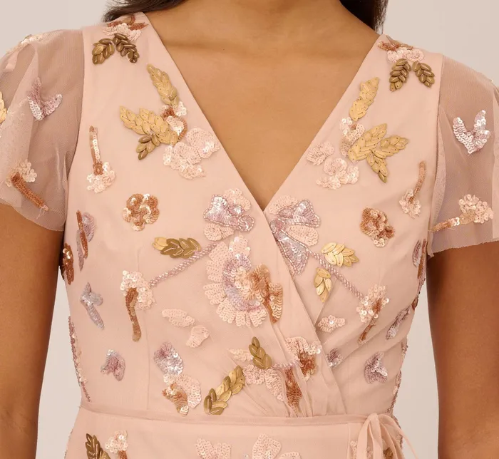 Adrianna Papell Floral Beaded Faux Wrap Dress With Sheer Flutter Sleeves In Blush Multi Blush Multi Women Floral Dresses Adrianna Papell Floral Beaded Faux Wrap Dress With Sheer Flutter Sleeves In Blush Multi Blush Multi Women Floral Dresses