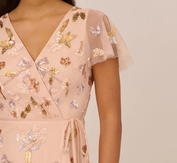 Adrianna Papell Floral Beaded Faux Wrap Dress With Sheer Flutter Sleeves In Blush Multi Blush Multi Women Floral Dresses Adrianna Papell Floral Beaded Faux Wrap Dress With Sheer Flutter Sleeves In Blush Multi Blush Multi Women Floral Dresses