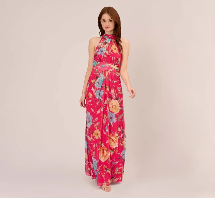 Adrianna Papell Floral Chiffon Halter Gown With Illusion Details In Pink Multi Pink Multi Women Floral Dresses