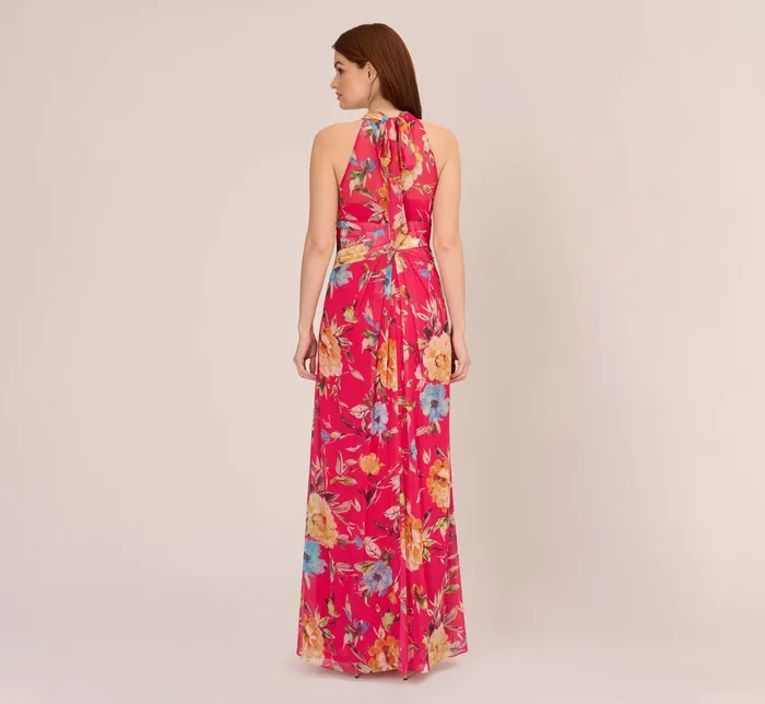 Adrianna Papell Floral Chiffon Halter Gown With Illusion Details In Pink Multi Pink Multi Women Floral Dresses Adrianna Papell Floral Chiffon Halter Gown With Illusion Details In Pink Multi Pink Multi Women Floral Dresses