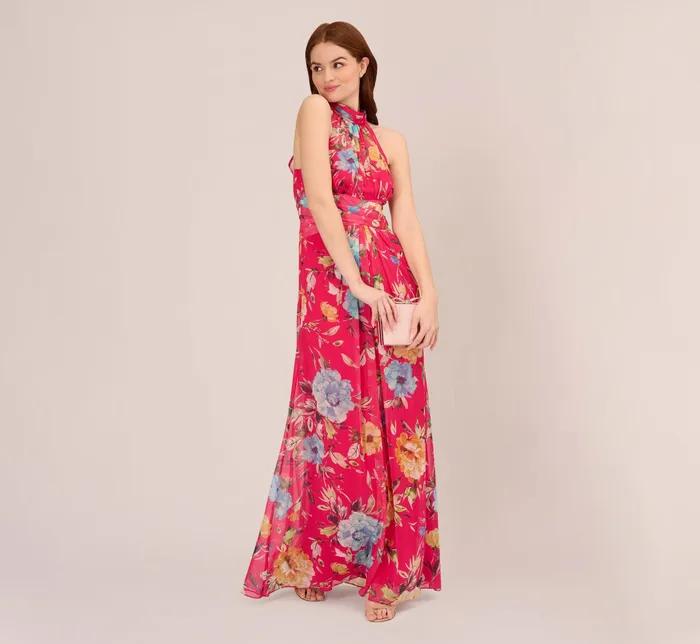 Adrianna Papell Floral Chiffon Halter Gown With Illusion Details In Pink Multi Pink Multi Women Floral Dresses Adrianna Papell Floral Chiffon Halter Gown With Illusion Details In Pink Multi Pink Multi Women Floral Dresses