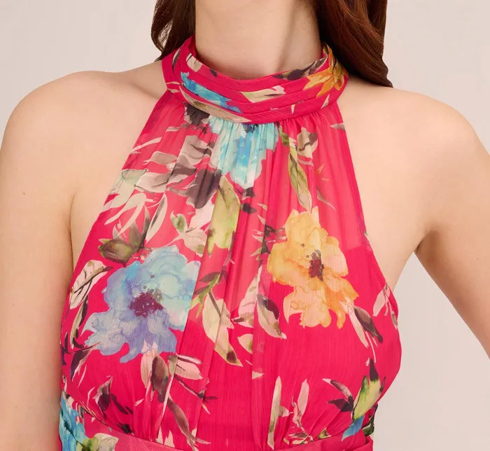 Adrianna Papell Floral Chiffon Halter Gown With Illusion Details In Pink Multi Pink Multi Women Floral Dresses Adrianna Papell Floral Chiffon Halter Gown With Illusion Details In Pink Multi Pink Multi Women Floral Dresses