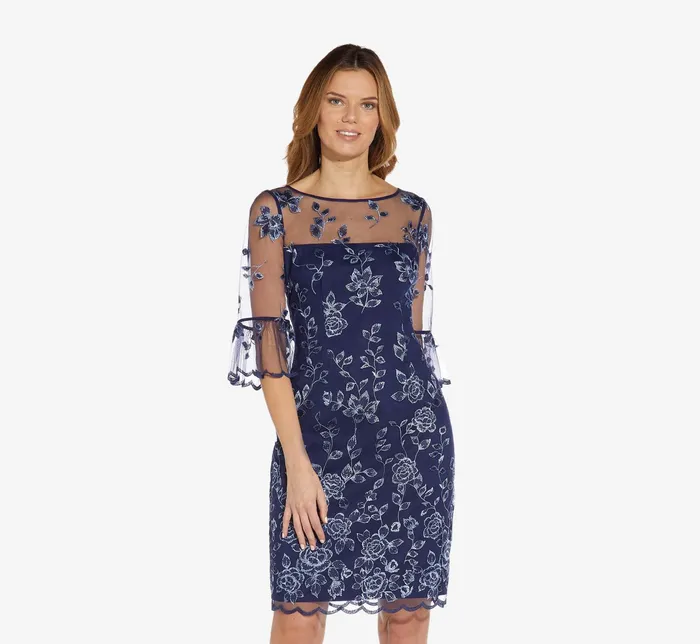 Adrianna Papell Floral Embroidered Sheath Dress With Scalloped Detail In Midnight Multi Midnight Multi Women Short Dresses Adrianna Papell Floral Embroidered Sheath Dress With Scalloped Detail In Midnight Multi Midnight Multi Women Short Dresses