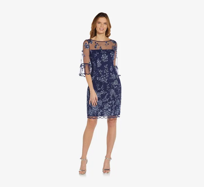 Adrianna Papell Floral Embroidered Sheath Dress With Scalloped Detail In Midnight Multi Midnight Multi Women Short Dresses Adrianna Papell Floral Embroidered Sheath Dress With Scalloped Detail In Midnight Multi Midnight Multi Women Short Dresses