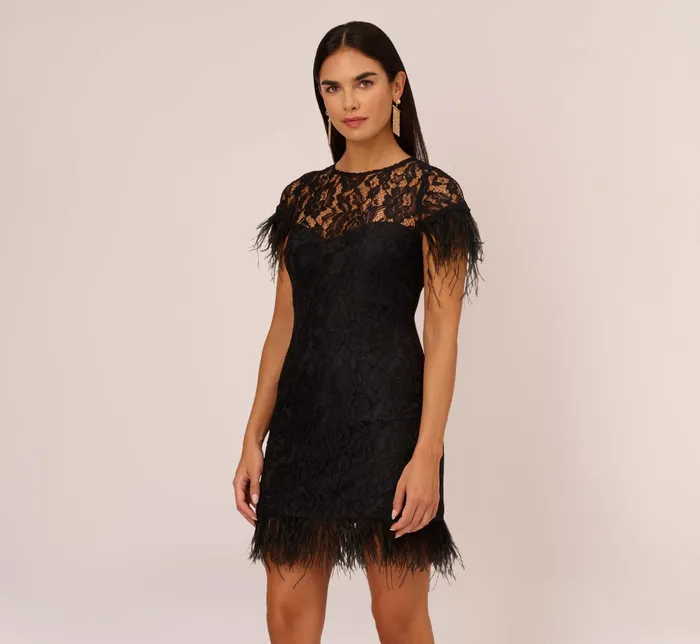 Adrianna Papell Floral Lace And Feather Trimmed Short Sheath Cocktail Dress In Black Black Women Cocktail Dresses Adrianna Papell Floral Lace And Feather Trimmed Short Sheath Cocktail Dress In Black Black Women Cocktail Dresses