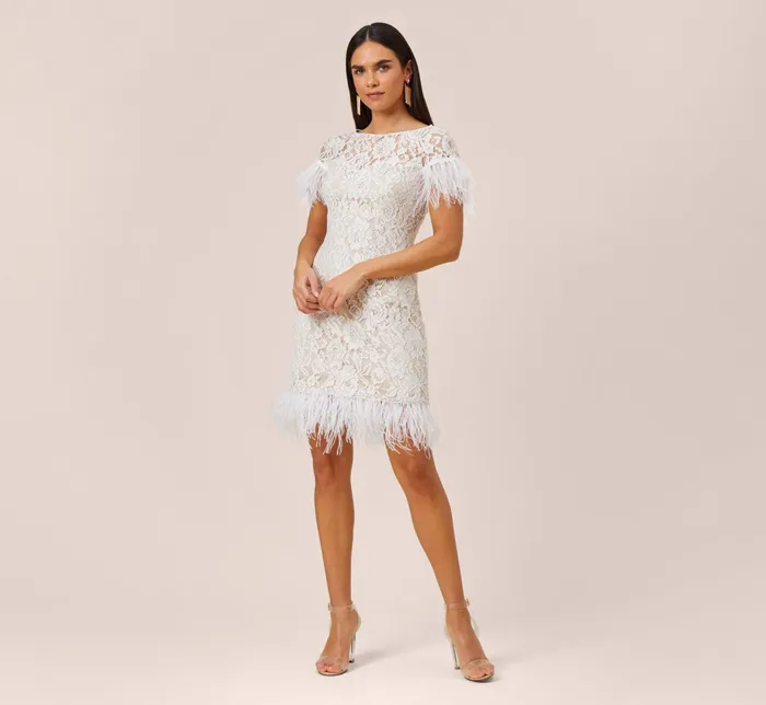 Adrianna Papell Floral Lace And Feather Trimmed Short Sheath Cocktail Dress In Ivory Ivory Women Short Dresses Adrianna Papell Floral Lace And Feather Trimmed Short Sheath Cocktail Dress In Ivory Ivory Women Short Dresses