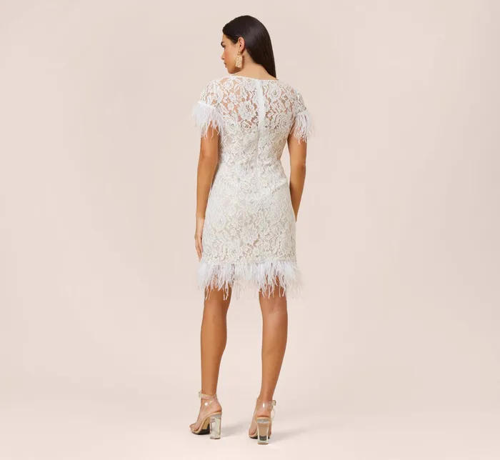 Adrianna Papell Floral Lace And Feather Trimmed Short Sheath Cocktail Dress In Ivory Ivory Women Short Dresses Adrianna Papell Floral Lace And Feather Trimmed Short Sheath Cocktail Dress In Ivory Ivory Women Short Dresses