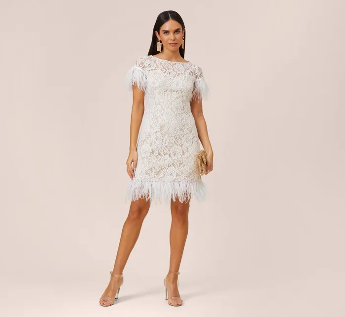 Adrianna Papell Floral Lace And Feather Trimmed Short Sheath Cocktail Dress In Ivory Ivory Women Short Dresses Adrianna Papell Floral Lace And Feather Trimmed Short Sheath Cocktail Dress In Ivory Ivory Women Short Dresses