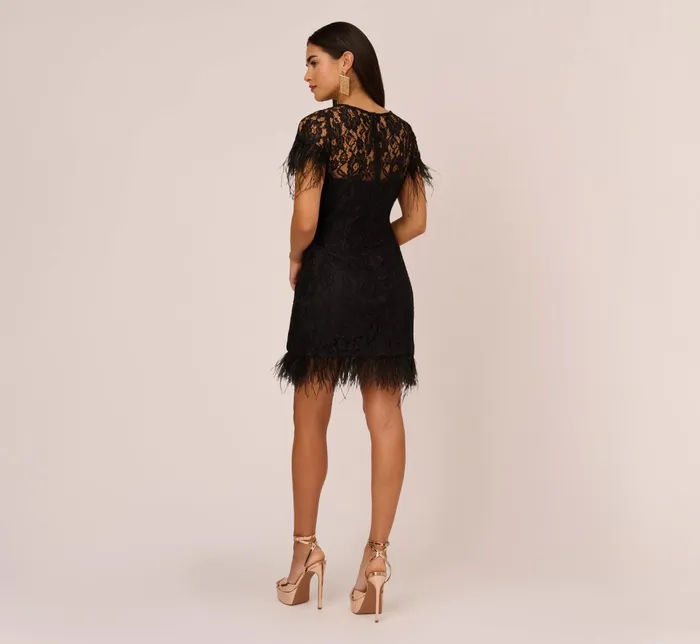 Adrianna Papell Floral Lace And Feather Trimmed Short Sheath Cocktail Dress In Ivory Ivory Women Short Dresses Adrianna Papell Floral Lace And Feather Trimmed Short Sheath Cocktail Dress In Ivory Ivory Women Short Dresses