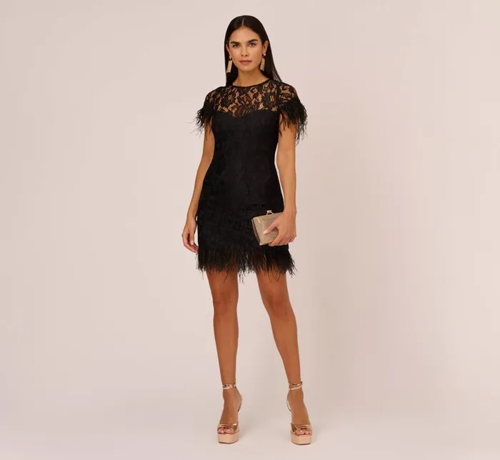 Adrianna Papell Floral Lace And Feather Trimmed Short Sheath Cocktail Dress In Ivory Ivory Women Short Dresses Adrianna Papell Floral Lace And Feather Trimmed Short Sheath Cocktail Dress In Ivory Ivory Women Short Dresses
