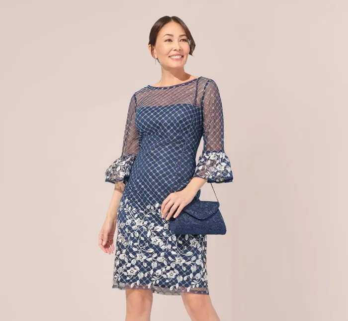 Adrianna Papell Floral Lattice Embroidered Sheath Dress With Sheer Sleeves In Navy Ivory NavyIvory Women Floral Dresses Adrianna Papell Floral Lattice Embroidered Sheath Dress With Sheer Sleeves In Navy Ivory NavyIvory Women Floral Dresses