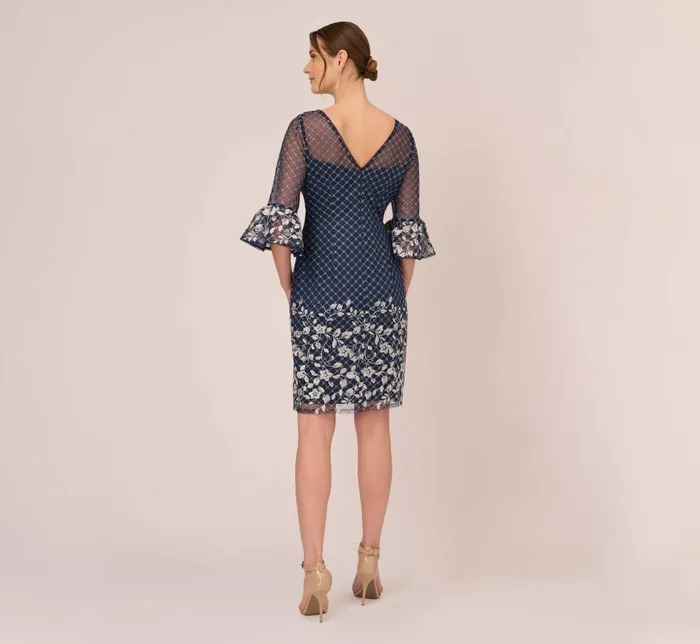 Adrianna Papell Floral Lattice Embroidered Sheath Dress With Sheer Sleeves In Navy Ivory NavyIvory Women Floral Dresses Adrianna Papell Floral Lattice Embroidered Sheath Dress With Sheer Sleeves In Navy Ivory NavyIvory Women Floral Dresses