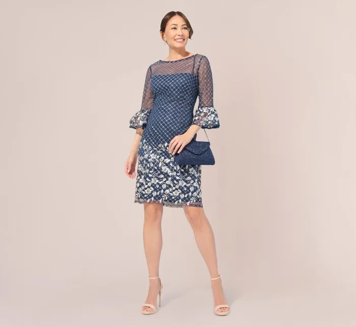 Adrianna Papell Floral Lattice Embroidered Sheath Dress With Sheer Sleeves In Navy Ivory NavyIvory Women Floral Dresses Adrianna Papell Floral Lattice Embroidered Sheath Dress With Sheer Sleeves In Navy Ivory NavyIvory Women Floral Dresses