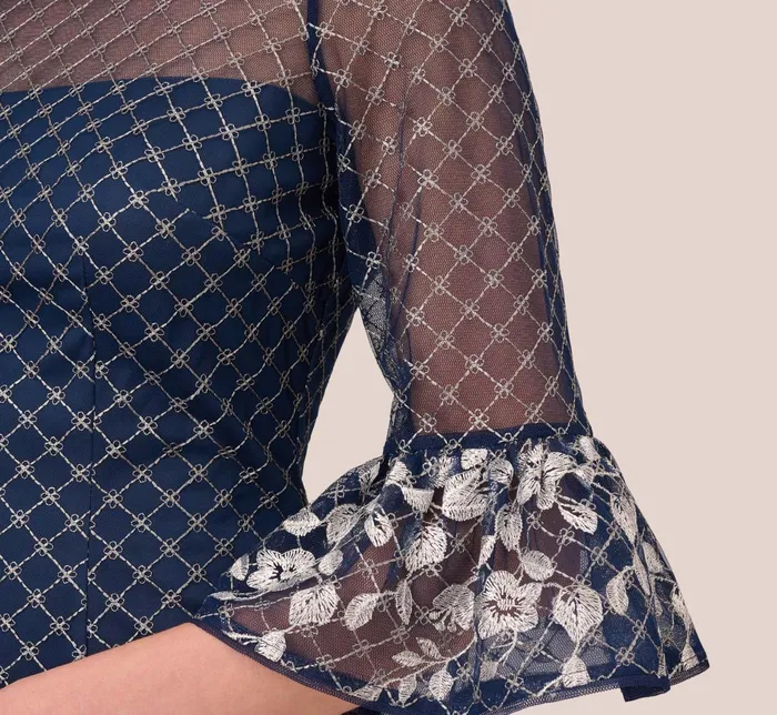 Adrianna Papell Floral Lattice Embroidered Sheath Dress With Sheer Sleeves In Navy Ivory NavyIvory Women Floral Dresses Adrianna Papell Floral Lattice Embroidered Sheath Dress With Sheer Sleeves In Navy Ivory NavyIvory Women Floral Dresses