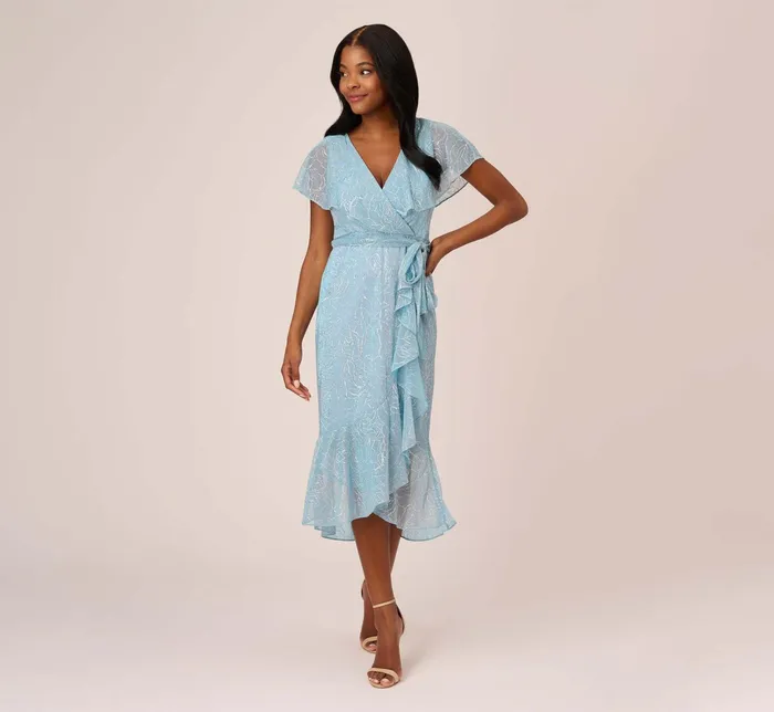 Adrianna Papell Floral Metallic Stencil MidiLength Mermaid Dress With Capelet In Light Blue Light Blue Women Midi Dresses Adrianna Papell Floral Metallic Stencil MidiLength Mermaid Dress With Capelet In Light Blue Light Blue Women Midi Dresses