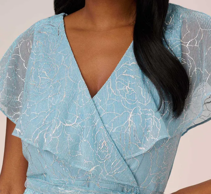 Adrianna Papell Floral Metallic Stencil MidiLength Mermaid Dress With Capelet In Light Blue Light Blue Women Midi Dresses Adrianna Papell Floral Metallic Stencil MidiLength Mermaid Dress With Capelet In Light Blue Light Blue Women Midi Dresses