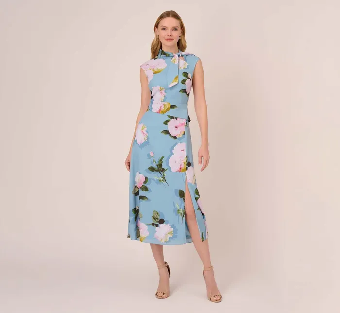 Adrianna Papell Floral Print Crepe De Chine MidiLength Dress In Blue Multi Blue Multi Women Floral Dresses Adrianna Papell Floral Print Crepe De Chine MidiLength Dress In Blue Multi Blue Multi Women Floral Dresses
