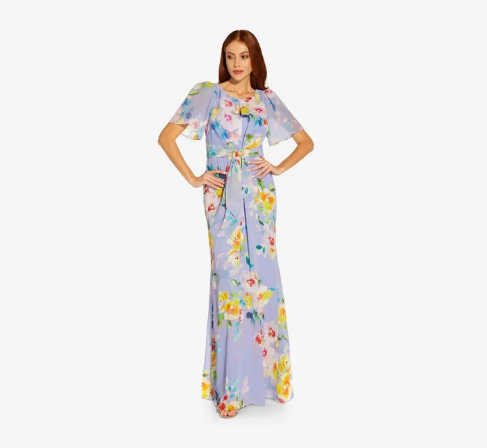 Adrianna Papell FloralPrint HandBeaded Chiffon Long Gown In Peri Multi Peri Multi Women Formal Dresses Adrianna Papell FloralPrint HandBeaded Chiffon Long Gown In Peri Multi Peri Multi Women Formal Dresses