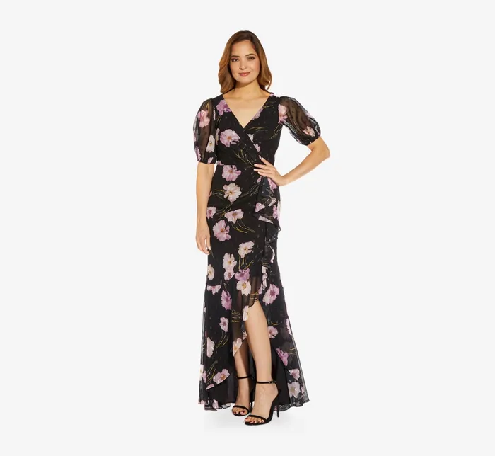 Adrianna Papell FloralPrintMetallic Chiffon Long Gown With Ruffle In Black Multi Black Multi Women Floral Dresses Adrianna Papell FloralPrintMetallic Chiffon Long Gown With Ruffle In Black Multi Black Multi Women Floral Dresses