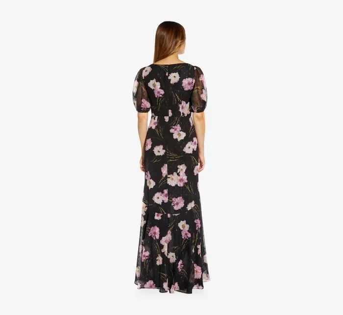 Adrianna Papell FloralPrintMetallic Chiffon Long Gown With Ruffle In Black Multi Black Multi Women Floral Dresses Adrianna Papell FloralPrintMetallic Chiffon Long Gown With Ruffle In Black Multi Black Multi Women Floral Dresses