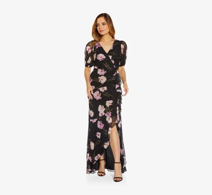 Adrianna Papell FloralPrintMetallic Chiffon Long Gown With Ruffle In Black Multi Black Multi Women Floral Dresses Adrianna Papell FloralPrintMetallic Chiffon Long Gown With Ruffle In Black Multi Black Multi Women Floral Dresses