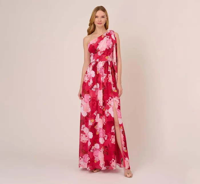 Adrianna Papell Floral Print One Shoulder Chiffon Long Gown In Pink Multi Pink Multi Women Long Dresses Adrianna Papell Floral Print One Shoulder Chiffon Long Gown In Pink Multi Pink Multi Women Long Dresses