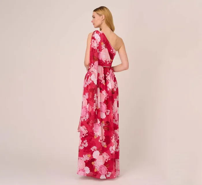Adrianna Papell Floral Print One Shoulder Chiffon Long Gown In Pink Multi Pink Multi Women Long Dresses Adrianna Papell Floral Print One Shoulder Chiffon Long Gown In Pink Multi Pink Multi Women Long Dresses