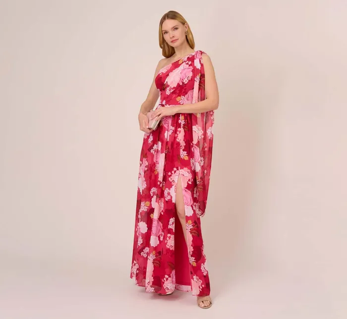 Adrianna Papell Floral Print One Shoulder Chiffon Long Gown In Pink Multi Pink Multi Women Long Dresses Adrianna Papell Floral Print One Shoulder Chiffon Long Gown In Pink Multi Pink Multi Women Long Dresses