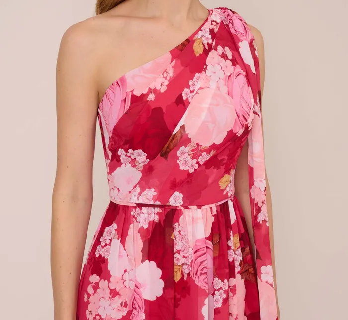 Adrianna Papell Floral Print One Shoulder Chiffon Long Gown In Pink Multi Pink Multi Women Long Dresses Adrianna Papell Floral Print One Shoulder Chiffon Long Gown In Pink Multi Pink Multi Women Long Dresses